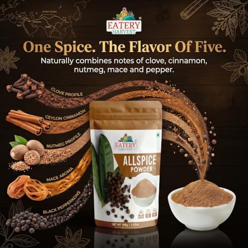 Image of EATERY HARVEST by Saipro Ground Allspice Powder 100 gm,Allspice has flavor of all spices like Clove, Cinnamon, Nutmeg, Mace, Black pepper, best for Caribbean cuisine jmaica Pepper Powder For Seasoning Vegetables, Fruits, No preservatives, plant based, natural