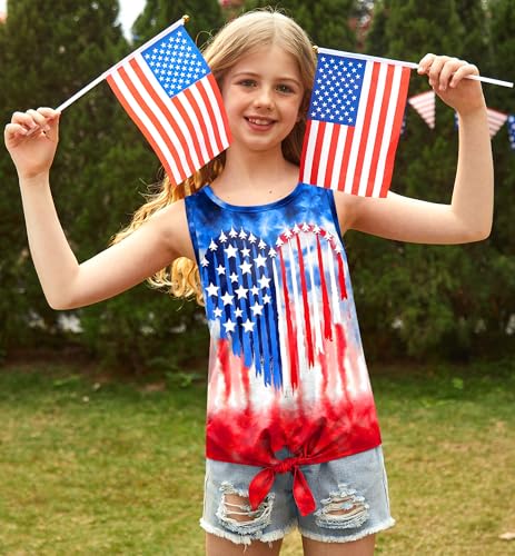 Image of July 4th Girls Patriotic Sleeveless Tie Knot Front Tank Top Stars Stripes Tee Shirt 4-14 Years
