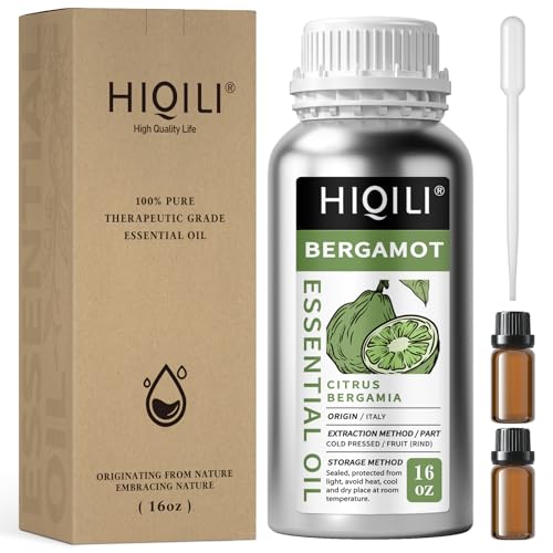 Image of HIQILI Bergamot Essential Oil for Diffuser, Skin, Hair, DIY, 100% Pure & Natural - 16 Fl Oz (500 mL)