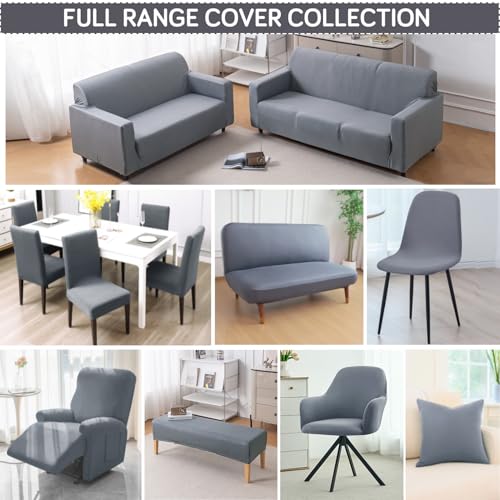 Image of HOKIPO 'SereneSolids' 140 GSM Stretchable Dining Chair Covers Set of 4 with 1 Bench Cover, Smokey Grey (AR-6282-SGRY)