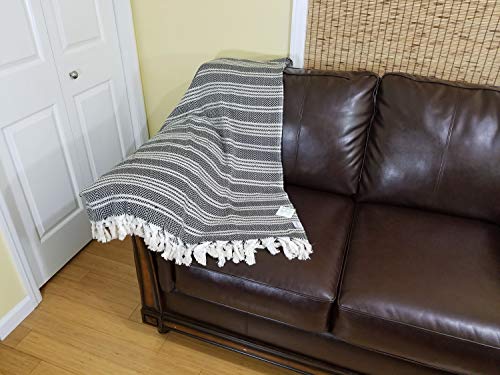 Infusezen Turkish Throw Blanket Made From 100% Turkish Cotton, Large Lightweight Handwoven Sofa Throw, Partial Bed Cover Or Loveseat Blanket (Black With Beige Stripes) #TOP4
