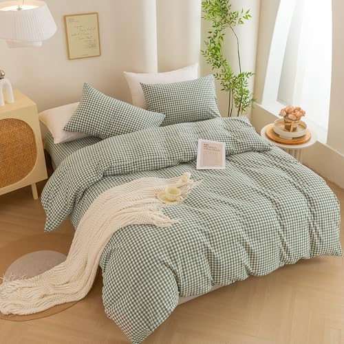 Image of ECOCOTT Green Gingham Duvet Cover King Size 100% Washed Cotton Like Linen Feel Super Soft & Comfy Bedding Set Modern Checkered Design for All Seasons