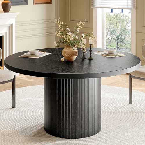 47 inch Round Dining Table for 4, Circle Kitchen Table with Wood Strip Base, Modern Farmhouse Dinner Tables for Kitchen, Living Room (Black)