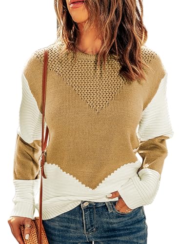Image of Dokotoo Womens Crochet Crewneck Long Sleeve Pullovers Color Block Tunic Ribbed Sweaters Jumper Tops