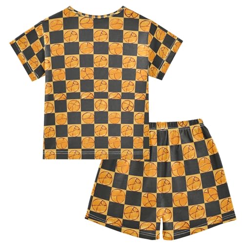 ALAZA Basketball Plaid Yellow Pajamas Set Short Sleeve Cotton Sleepwear Summer Pjs 2 Piece 5-14Y2