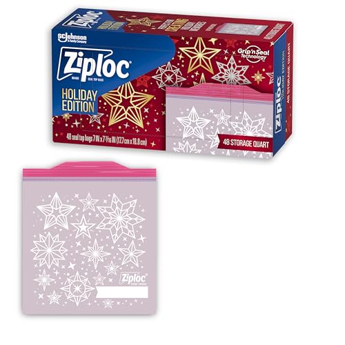 Ziploc Quart Food Storage Bags Grip n Seal Technology for Easier Grip Open and Close 48 Count Holiday Designs Packaging May Vary