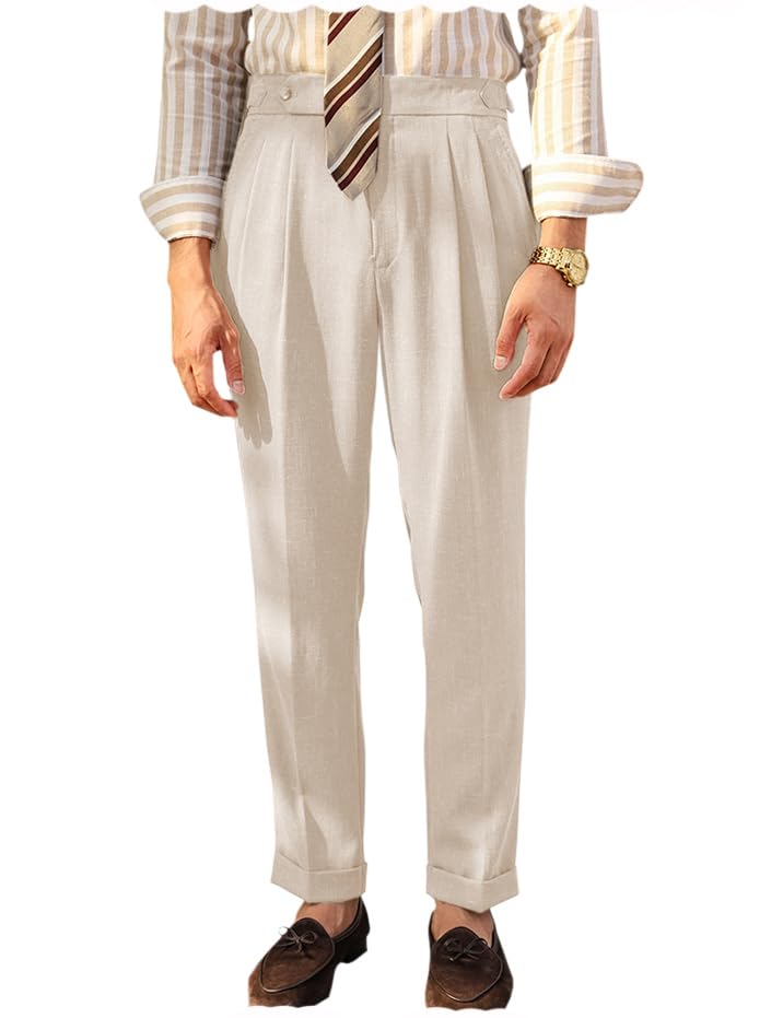 Vintage Men's Linen Casual Pants Relaxed Fit Spring Cotton Trousers with Adjustable Waistband