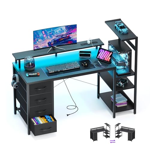 YOUDENOVA ゲーミングデスク パソコンデスク 幅130cm LEDライト付き 電源コンセント/USBポート付き モニター台一体型 収納ラック付き 左右入れ替え可能 引き出し 収納棚 PCデスク オフィスデスク 勉強机 デスクワーク 省スペース おしゃれ カーボン調ブラック