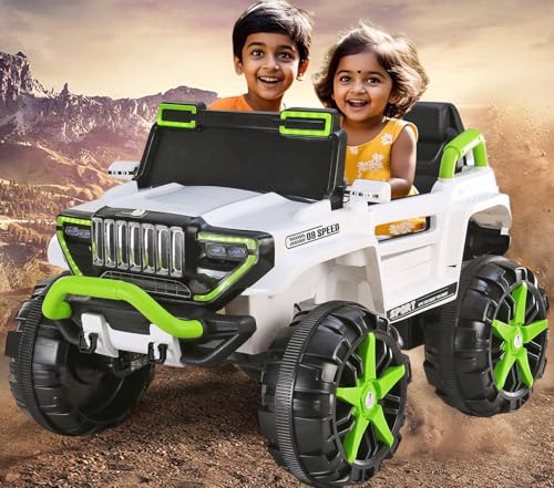 Image of Driving EV Cars for 1, 2, 3, 4, 5, 6 Years | Remote + Steering + Mobile App Control | Kids Jeeps (Thar Jumbo Size Jeep [1-8 Year Kids], White /Green)