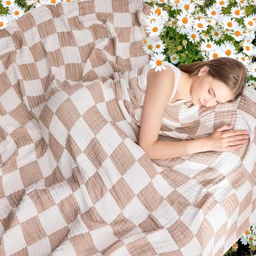 Image of EMME Cooling Muslin Twin Blanket - Checkered Lightweight Summer Cotton Blankets of Rayon Derived from Bamboo for Hot Sleepers, Ultra Soft Breathable All Season Gauze