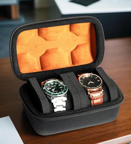 Image of Travel Watch Case Organizer Watch Box With Zipper Heavy Duty Portable Travel Friendly Case Fits all Wristwatches & Smart Watches Up To 60MM Compatible for Apple Watch (Black,2 Slots)