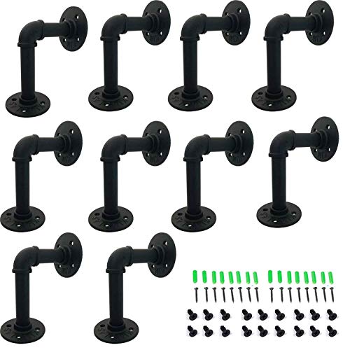 Yuanshikj (10Pc 3.9x5.9 Industrial Pipe Shelf Brackets for 6 8 10 12 inches Board Iron L Pipe Floating Shelf Bracket Heavy Duty Metal Shelving Brackets for Shelves