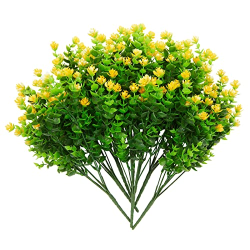 Fausses Fleurs Artificielles d'Extérieur Jaunes en Plastique avec Feuilles d'Eucalyptus pour Jardin, Terrasse et Balcon, 8 Bouquets de 15 x 34 cm Chacun Cover