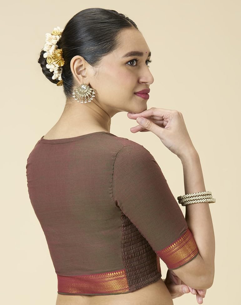 Image of Studio Shringaar Women's Handloom Cotton Stretchable (Smocked) Saree Blouse with Temple Zari Border