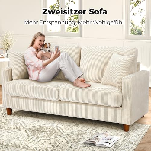 Kidirect Cord Sofa 3 Sitzer, 178CM Bequemes Couch 53CM Extra Tiefe Sitze, Sofa Wohnzimmer Werkzeugfreie Montage, Big Sofa Couch mit 2 Kissen, Modernes Couch fürs Büro, Schlafzimmer Sofas Beige