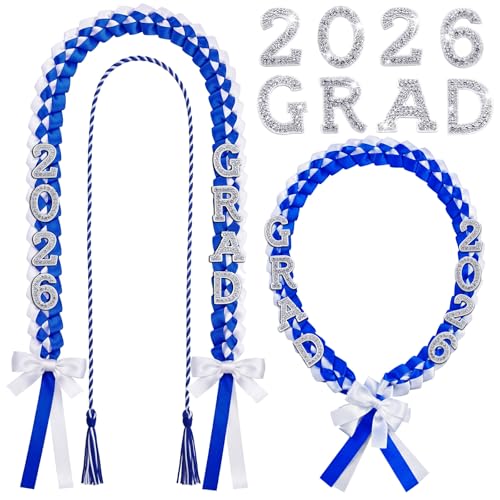 Tigeen 67 Class of 2026 Graduation Lei with Honor Cord Glittery Pins Ribbon Necklace for High School College(Blue White)