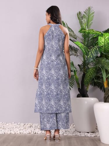 Image of Varanga Women Printed Straight Kurta Set with Trouser & Dupatta | Pure Cotton Fabric | Halter Neck | Sleeveless | Casual Wear
