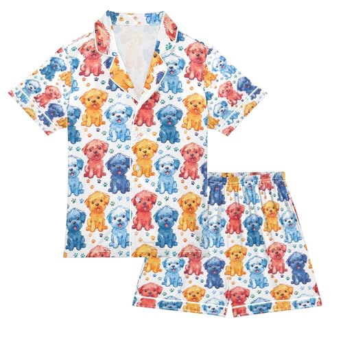 Kawaii Style Colorful Dog Cartoon Summer Pajamas Set Short Sleeve Button-Up Top Shorts 2PC Satin Sleepwear