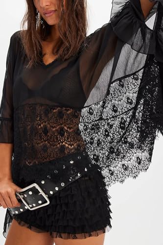 Women Y2K Sheer Lace Poncho Top Ruffle Batwing Sleeve Shawl V Neck Cover Up Open Side See Through Flowy Blouse4
