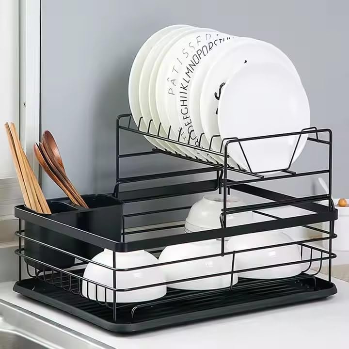ROY ENTERPRISE Large Dish Drying Rack for Kitchen Counter, Detachable Large Capacity Dish Drainer Organizer, 2-Tier Dish Racks with Utensil Holder (Black 2 Layer 2026)