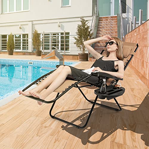 Image of Giantex Zero Gravity Reclining Chair, Outdoor Patio Recliner with Cup Holder & Removable Pillow, Adjustable Backrest, Indoor Lounge Chair for Backyard, Garden, Poolside (Tan)