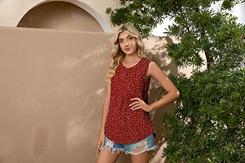 Bettysays Women's Floral Print Basic Tank Tops Summer Casual Sleeveless Round Neck Button Chiffon Work Shirts (2X-Large, Fp Red) #TOP2