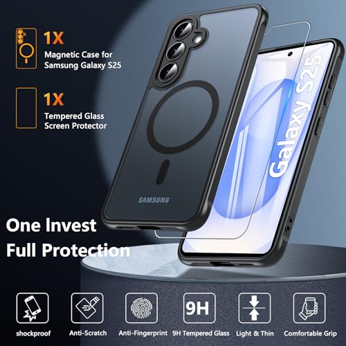 Image of OWKEY for Samsung S25 Case, Compatible with MagSafe with Screen Protector, Magnetic Case for Samsung Galaxy S25 5G, Translucent Matte Back Shockproof Phone Cover (Black)