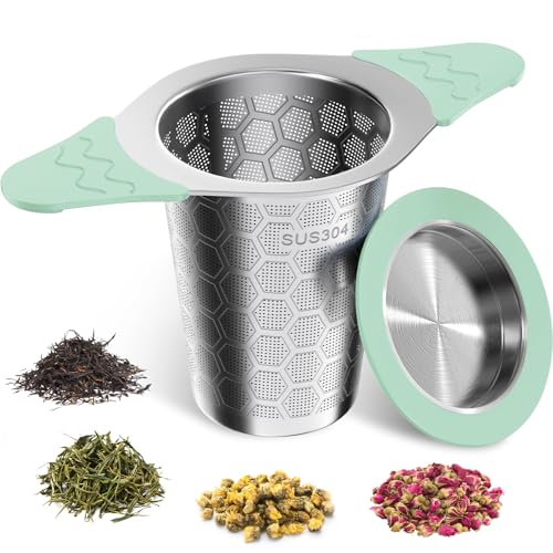 Filtre à Thé, Infuseur Thé en 304 Acier Inoxydable, Avec poignée et couvercle en silicone, Maille fine, Réutilisable Infuseur à Thé, Universel pour...