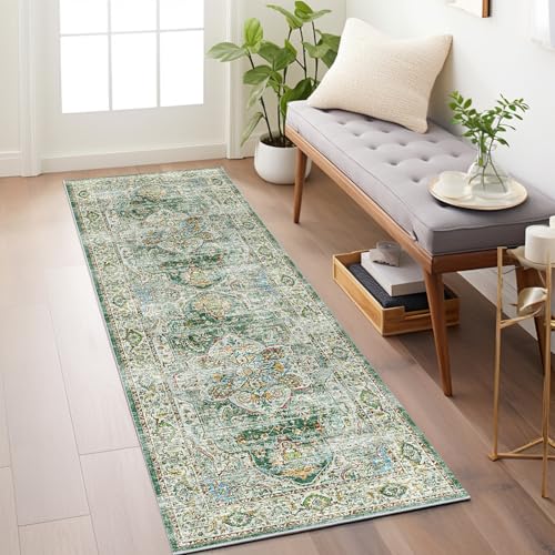 Madane Washable Runner Rug - 2x6 Rug Runners for Hallways 6 Feet Non Slip Vintage Kitchen Runner Rug Ultra-Thin Bathroom Runner Rugs Carpet Laundry Room Bedroom (2x6ft, Green)