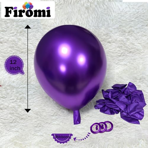 Image of Firomi Metallic Chrome Purple Balloons 12-inch 100 Pack (with 3 Ribbons)