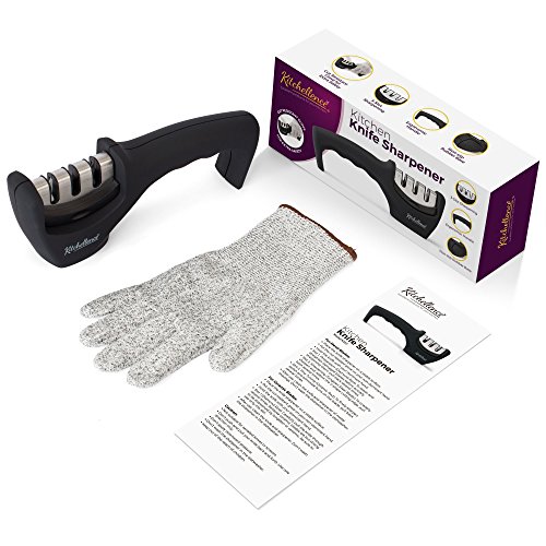 2-in-1 Kitchen Knife Accessories: 3-Stage Knife Sharpener Helps Repair, Restore and Polish Blades and Cut-Resistant Glove