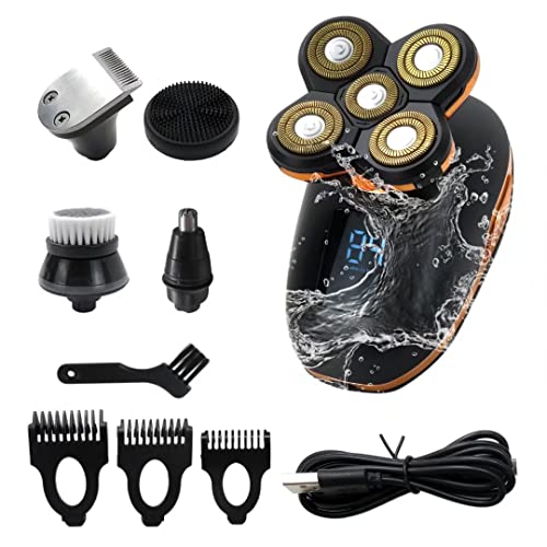 Electric Razor for Men, 5 in 1 Electric Shaver for Bald Men, Wet & Dry Rechargeable Men Rotary Razors, Cordless Waterproof Facial Grooming Kit with Clippers, Nose Hair Trimmer, Facial Cleaning Brush