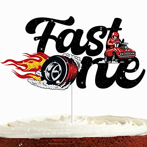 Race Car Cake Topper for Boys Girls Baby Shower Fast One Cake Topper Hot Wheels Birthday Party Supplies Red Glitter Chequered