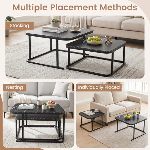Image of Giantex Nesting Coffee Table Set of 2, Faux Marble Center Table with Metal Frame, Modern Square Accent Cocktail Table, Small Coffee Table for Living Room, Small Spaces (Black)