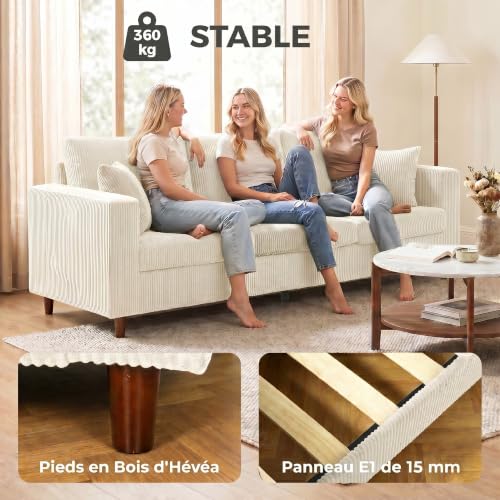 Canapé 3 places velours côtelé crème 225 cm HOMCOM