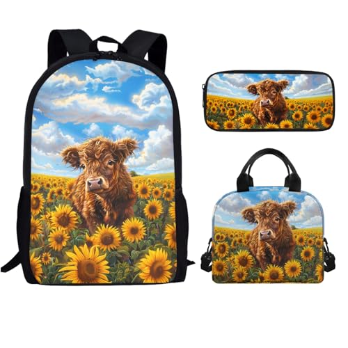 Highland Cow Kids Backpack for Girls Elementary School with Lunch Box Pencil Case, Cute Bookbag Set for Girls Boys Large School Bag for Primary Elementary Junior School Student