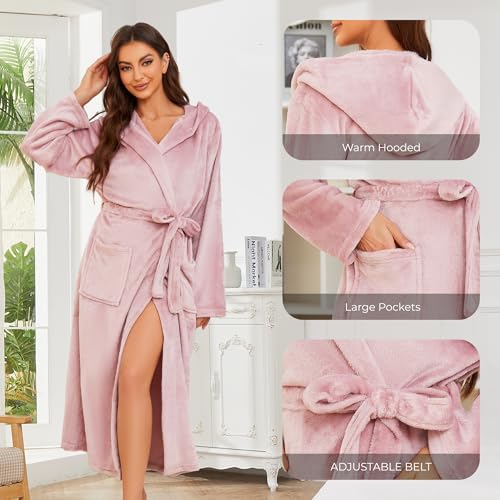 Image of Womens Long Hooded Fleece Robe, Soft Warm Spa Bathrobe for Cozy Lightweight Loungewear