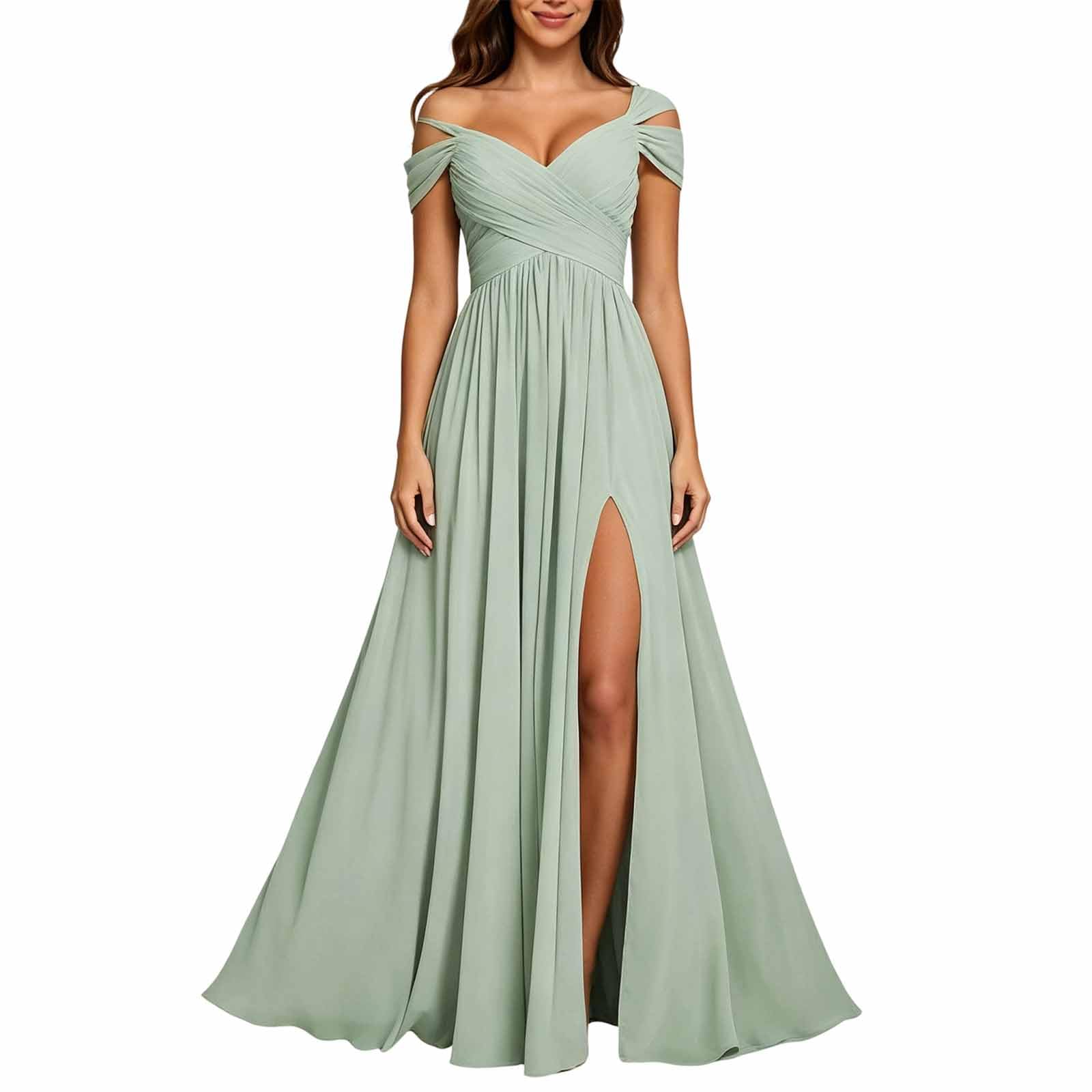 Vestito da Sposa Lungo Chiffon Spalle Scoperte V-Croce Alta Fenditura