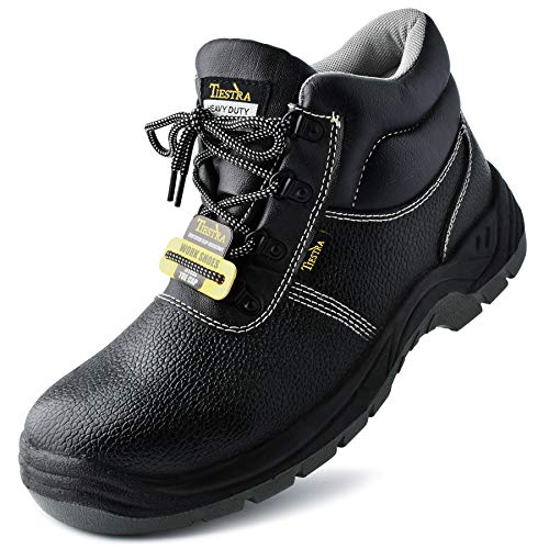 TIESTRA Botas de Trabajo con Punta de Acero Impermeables, S3 SRC Zapatillas de Seguridad Trabajo, Botas Seguridad Piel Negra, Calzado de protección para Hombre, Comodidad, Negro Alta EU43