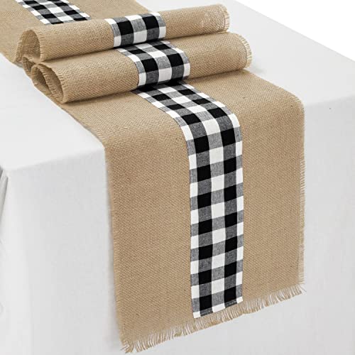 Letjolt Farmhouse Burlap Table Runner Buffalo Check Table Runner with Fringe Edge Jute Runner for Wedding Party Everyday Use, 108 Inches