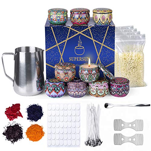 SUPERSUN Kit de 122 Pieces Fabrication de Bougies de Cire Bricolage, DIY Bougies, 50 mèches de Bougie, 1 Pot de Fabrication, 8 boîtes de Pots, 56 Autocollants de mèche et 2 Supports