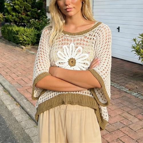 Image of Women Floral Crochet Sweater Short Sleeve Crewneck Hollow Out Lightweight Knit Pullover Tops 2025 Summer Beach Cover Ups