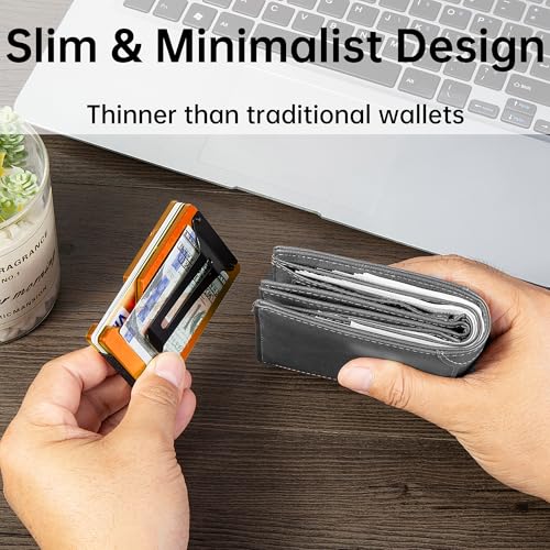 Image of Minimalist Carbon Fiber Wallet for Men, Money Clip Cash Strap Wallet, RFID Blocking Metal Wallet Aluminum Card Holder,Front Pocket Wallet(Matte Orange)
