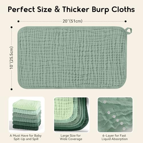 Image of Unnivoll Muslin Burp Cloths for Baby 100% Cotton Burping Cloths for Boys Girls Large 20''X10'' Extra Soft and Absorbent 12 Pack - Gradient Green