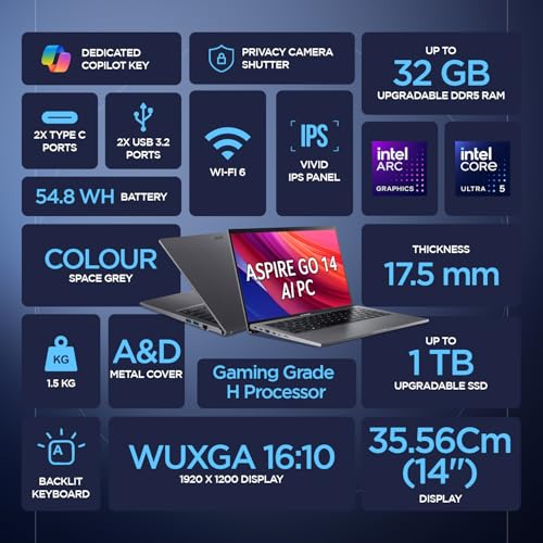 Image of acer Aspire Go 14, Intel Core Ultra 5 125H Processor,Office 2024 + M365 Basic, 16 GB RAM, 1 TB SSD, WUXGA IPS, 14.0 inch /35.56 cm, Win 11 Home, Steel Gray, 1.5 kg, AG14-71M, Backlit KB, Premium Laptop
