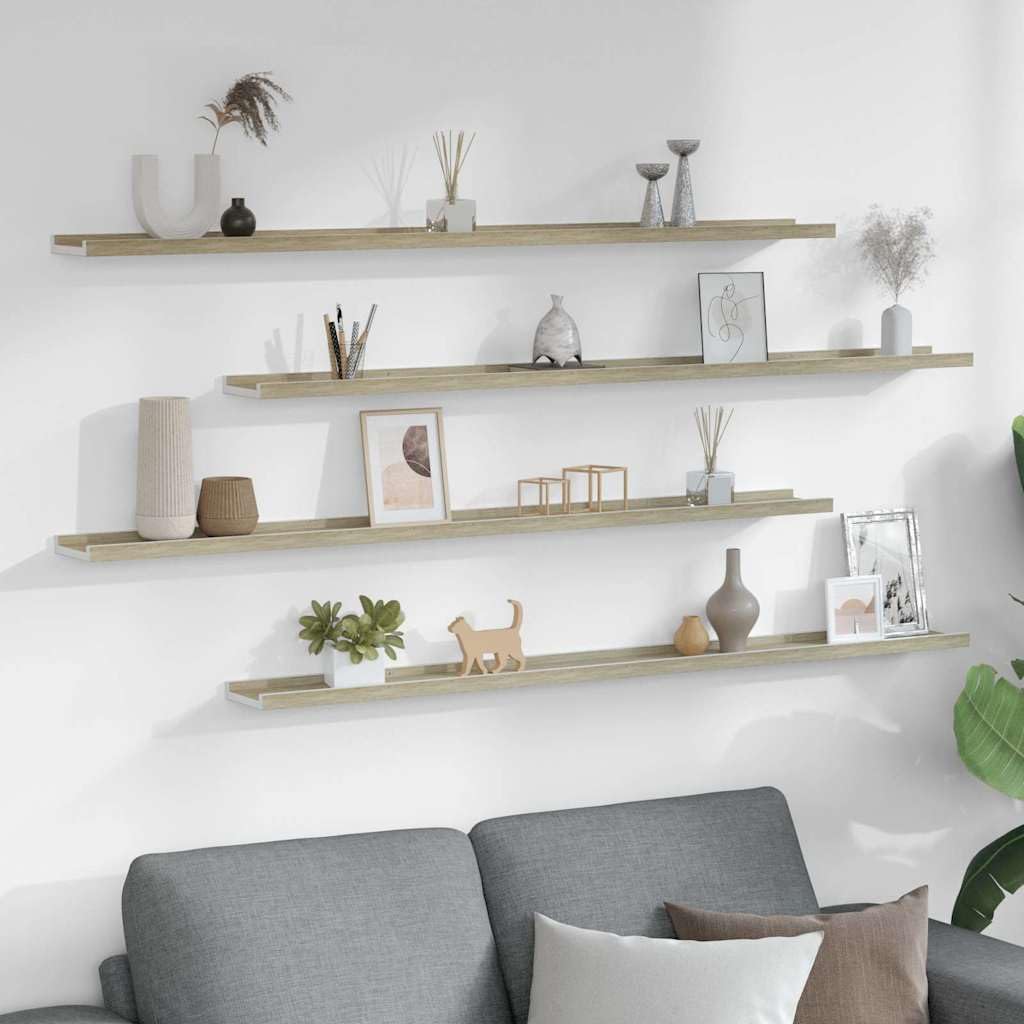 Set di 4 mensole da parete, 115 x 9 x 3 cm, in MDF, per soggiorno, camera da letto e corridoio, per quadri decorativi e piante, bianco e rovere Sonoma