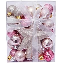 ALIMITOPIA 30pcs Christmas Ball Baubles 1.2 inches Shatterproof Assorted Plastic Hang Balls Pendant for Tiny Xmas Tree DecorationTiny Size;Rose Gold&Pink