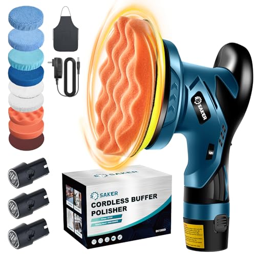 Saker Cordless Car Buffer Polisher - 6 Inch Portable Polishing Waxer Machine Kit for Car Detailing, with 3PCS 12V 2000mAh Batteries, Extra 10 PCS Attachments