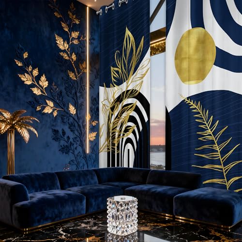Mid Century Modern Navy Blue and Gold Blackout Curtains, Bohemian Masculine Cool Dark Blue and White Window Drapes for Mens Bedroom Living Room, 84 inch Length 2 Panels Set, 52x84 inch - Image 3