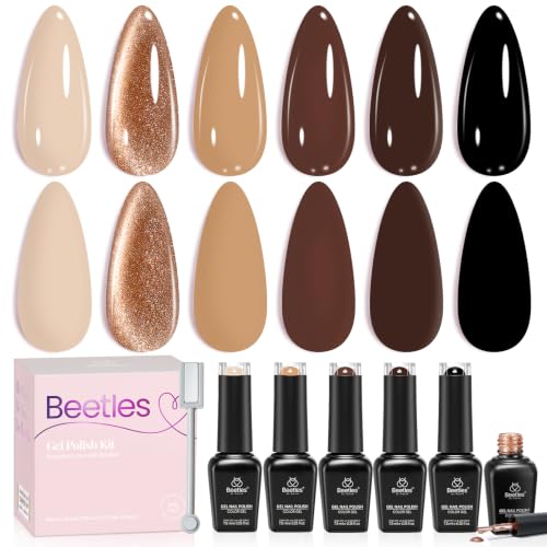 Image of Beetles Brown Gel Nail Polish Set, 6 Colors Nude Beige Coffee Black | with Rose Gold Magnetic Cat Eye&Magnet, UV LED Soak Off Fall Winter Neutral Manicure Kit